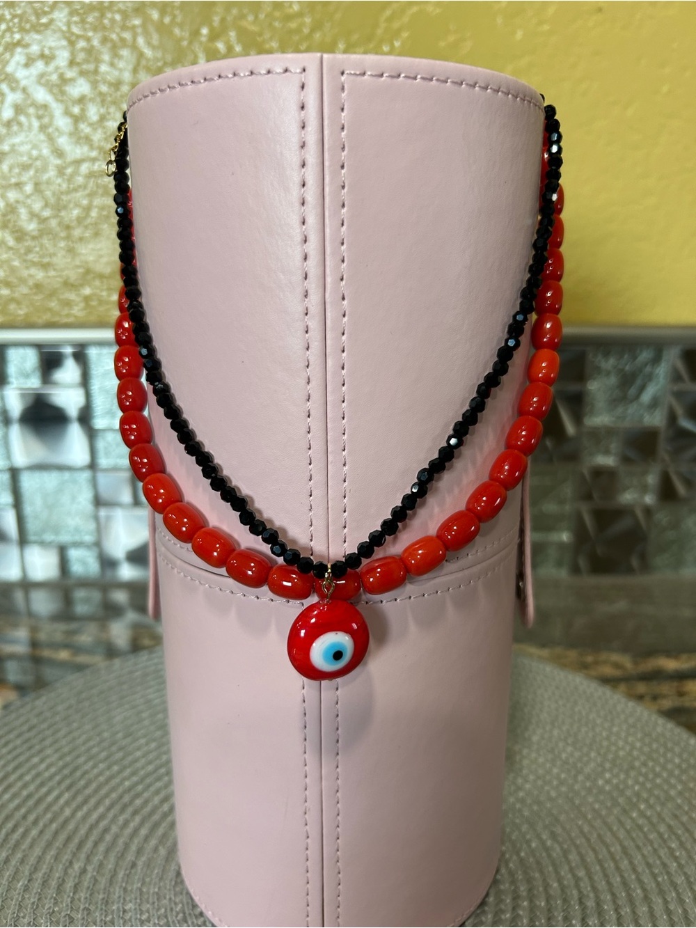 Red Beaded Double-Strand Necklace with Evil Eye Pendant